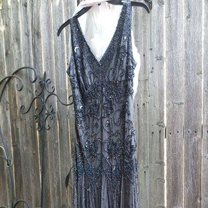 1920s Style Pisarro Nights Grey Beaded Gown Sz 6